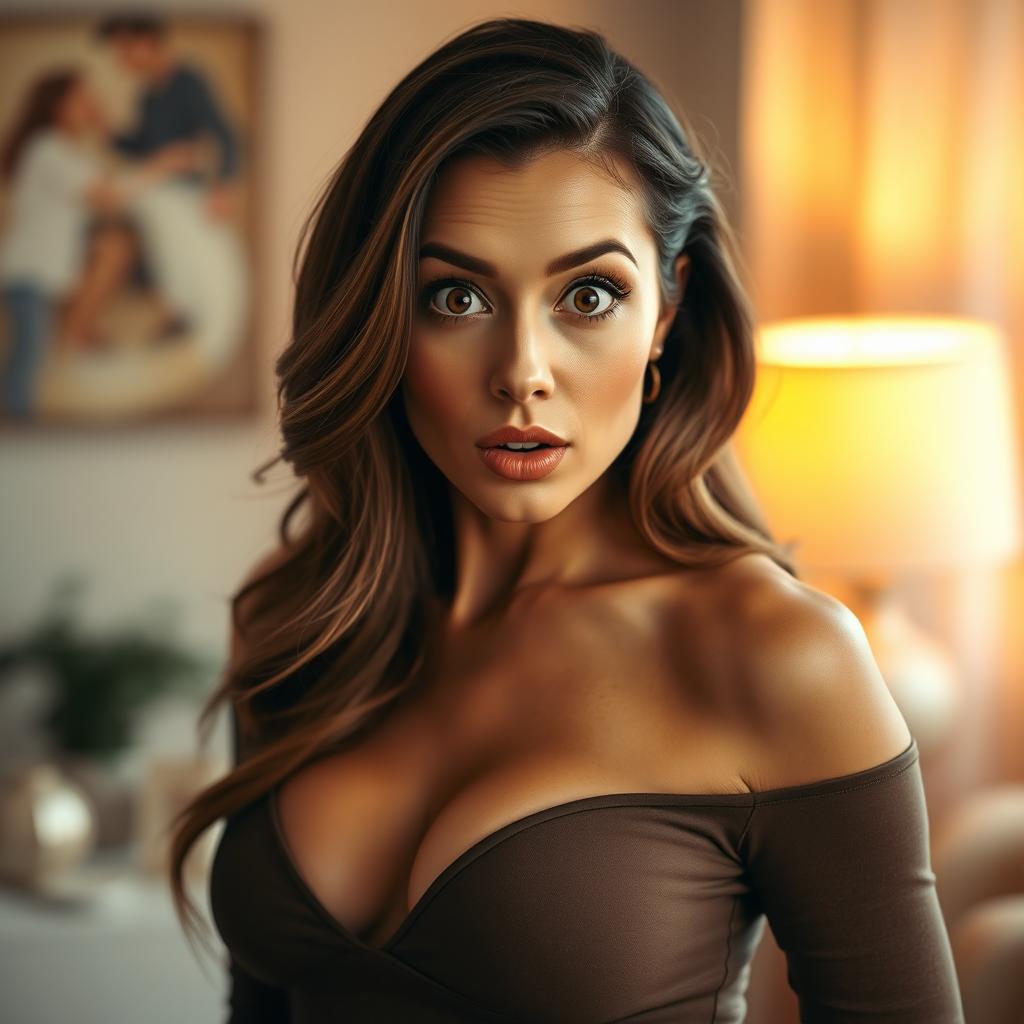 A beautiful 40-year-old woman with a surprised expression, directly facing the camera in a sensual pose
