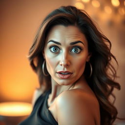 A beautiful 40-year-old woman with a surprised expression, directly facing the camera in a sensual pose