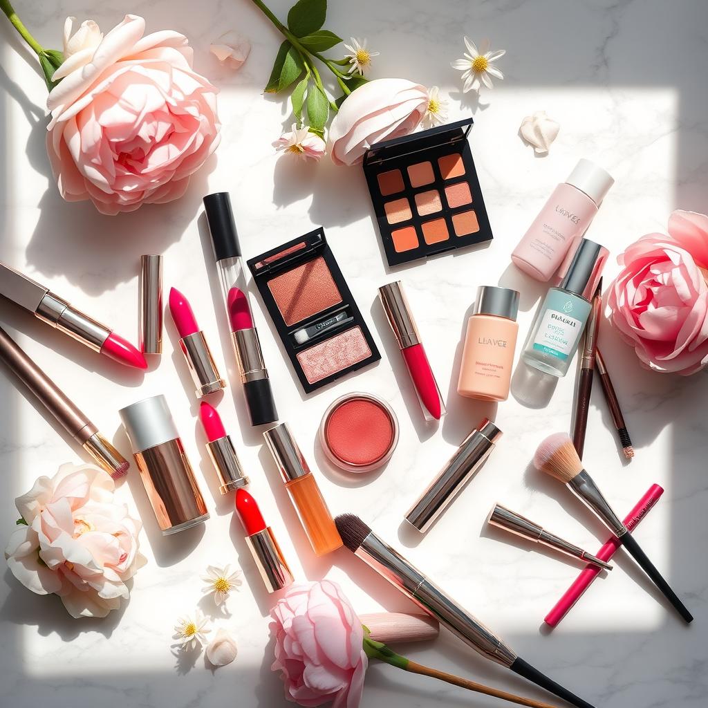 A stunning, vibrant flat lay of various high-end beauty products perfect for an online cosmetics shop