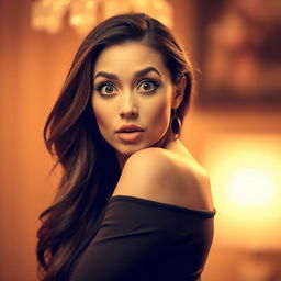 A beautiful 40-year-old woman with a surprised expression, facing the camera directly in a sensual pose