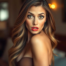 A beautiful 40-year-old woman with a surprised expression, facing the camera directly in a sensual pose