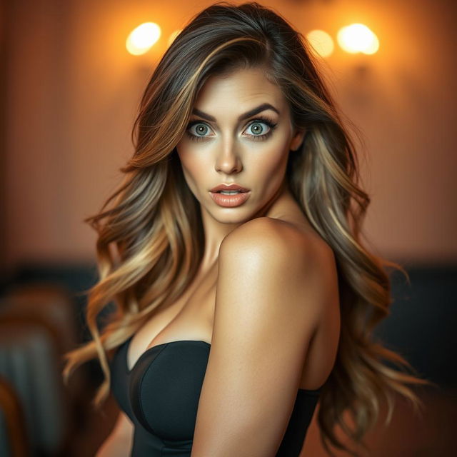 A beautiful 40-year-old woman with a surprised expression, facing the camera directly in a sensual pose