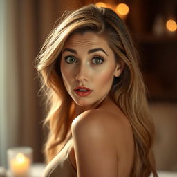 A beautiful 40-year-old woman with a surprised expression, facing the camera directly in a sensual pose