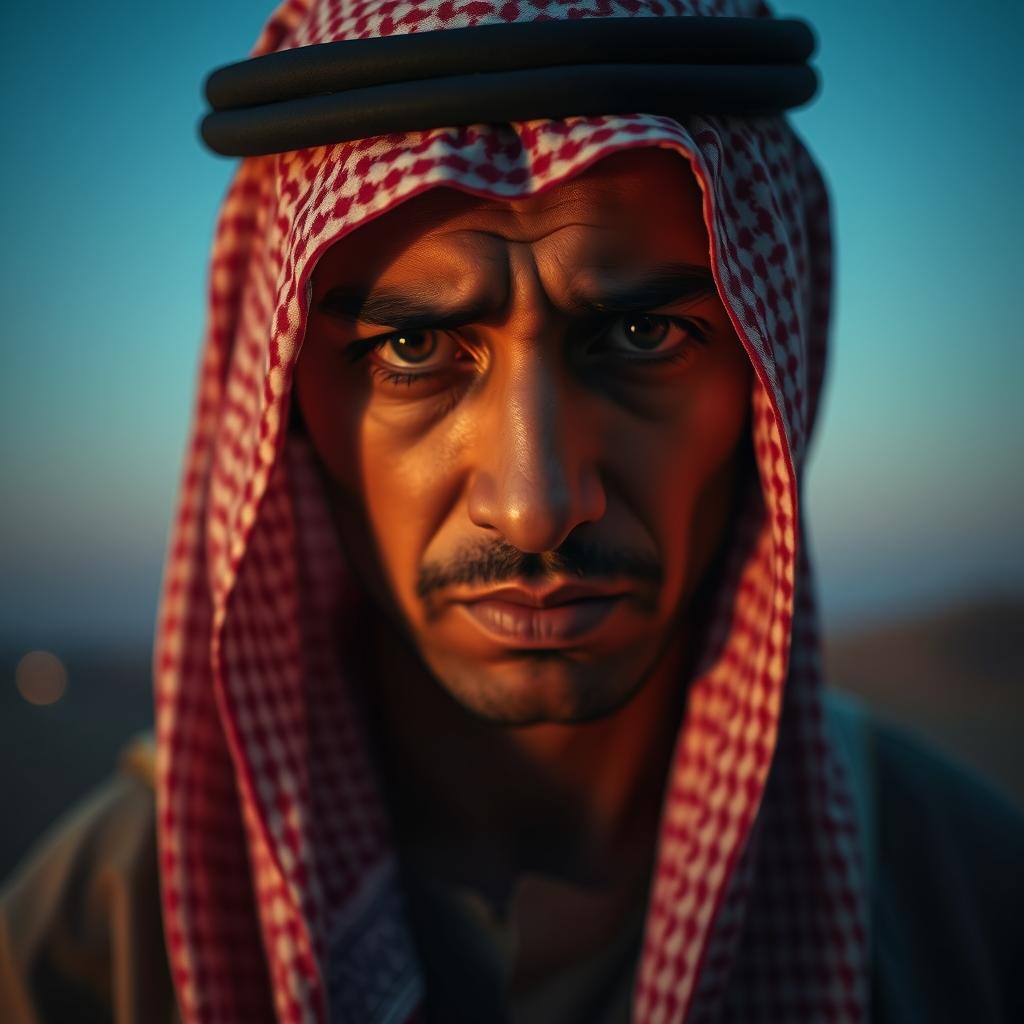 A deeply emotional portrait of a sad and depressed individual embodying the essence of typical Saudi Arabian culture