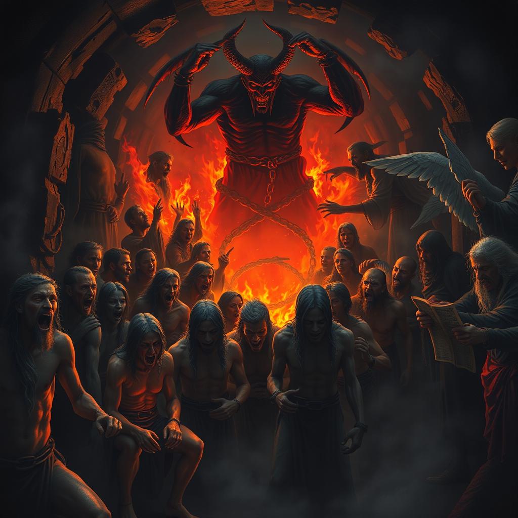 A dark, infernal scene in a cramped hell, populated by bound figures representing the damned souls