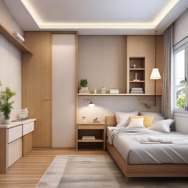 A small cozy style bedroom featuring a medium-sized bed, a study table, a standing fan, two cabinets, and two wardrobes arranged for optimal comfort and convenience.