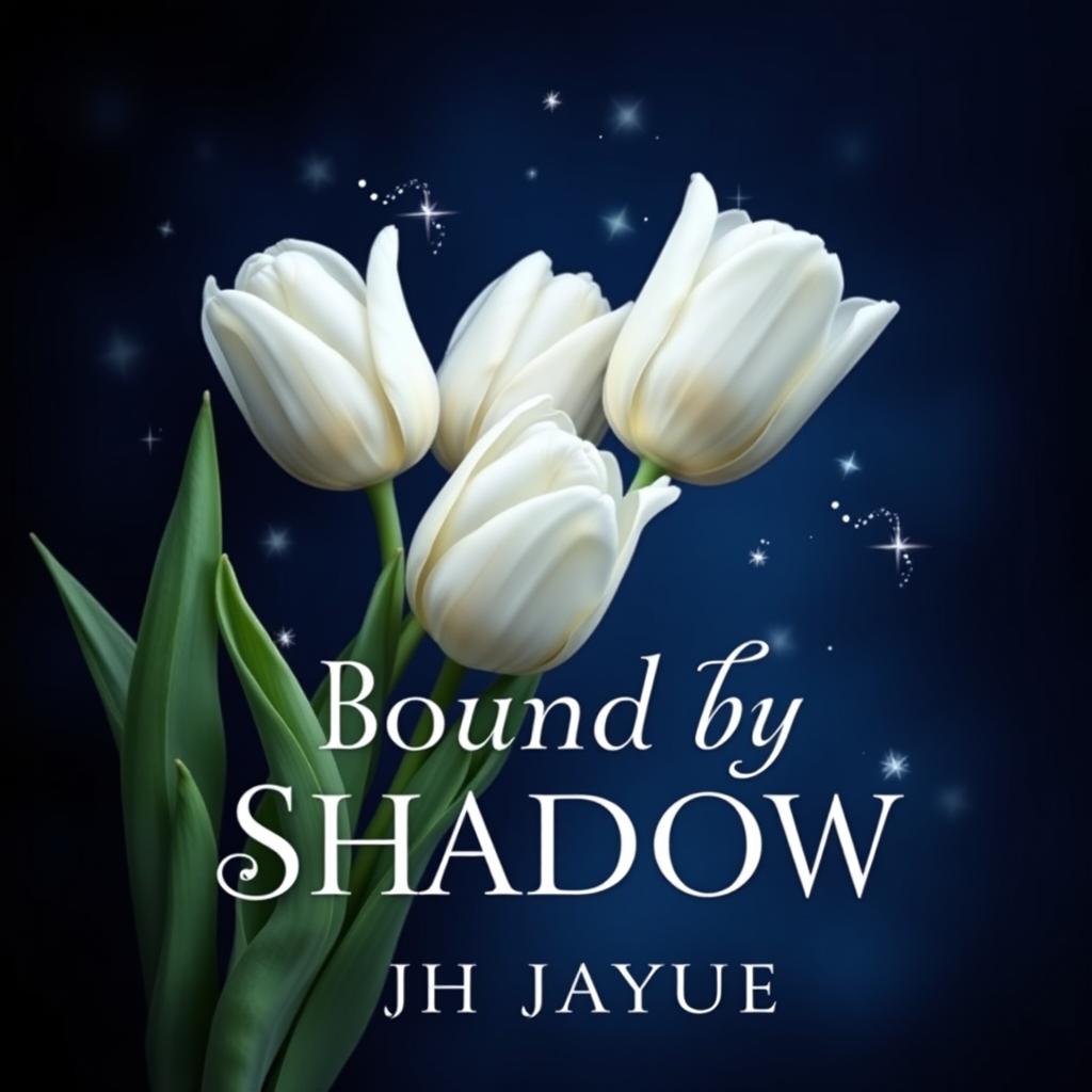 A captivating book cover design for 'Bound by Shadow' by Jh Jayue, featuring a deep dark blue background that evokes a sense of intrigue and mystery