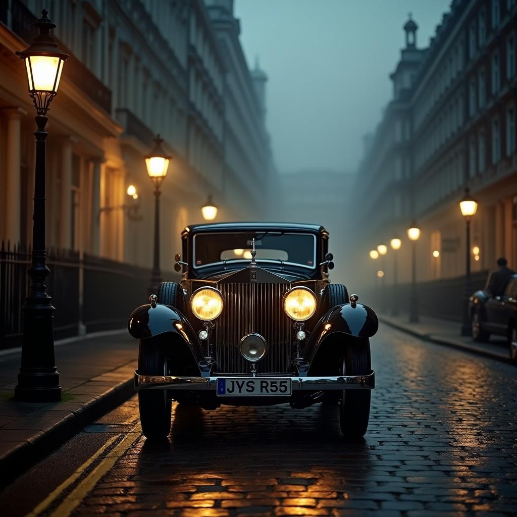 A beautifully restored 1930s Rolls-Royce Phantom parked elegantly on a cobblestone street in London