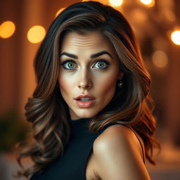 A stunning 40-year-old woman with a surprised expression, looking directly at the camera in a sensual pose