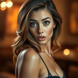 A stunning 40-year-old woman with a surprised expression, looking directly at the camera in a sensual pose