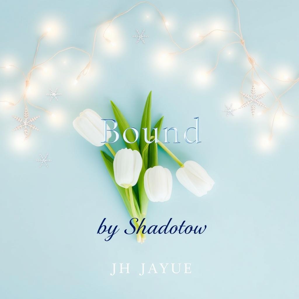 A book cover design for 'Bound by Shadow' by Jh Jayue, featuring a light blue background that creates a soothing and inviting atmosphere
