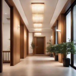 An inviting entrance hall of a building, warmed by soft, radiant lights. Delicate details such as polished wooden surfaces and tasteful decor enhance a welcoming atmosphere