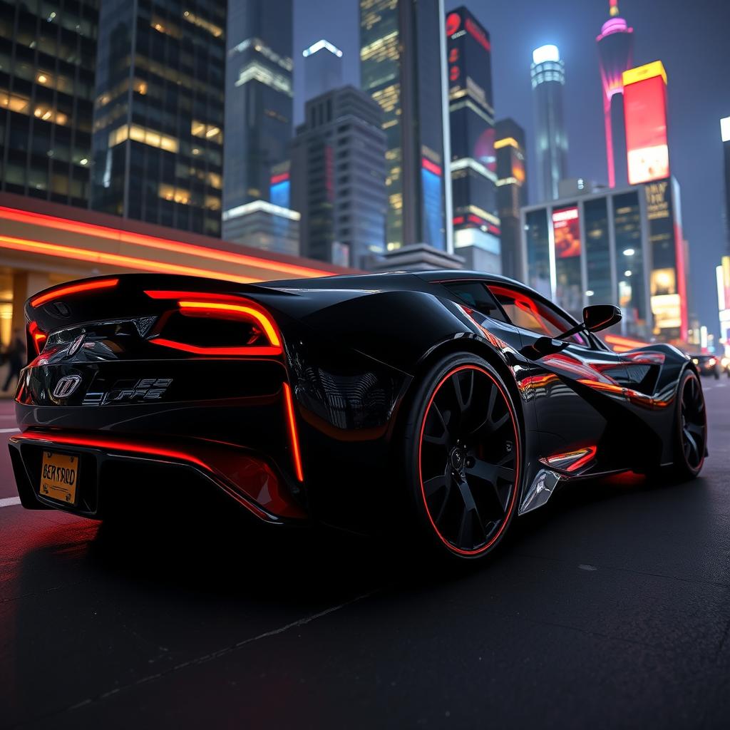 A sleek, futuristic sports car with a glossy black exterior and a striking red pinstripe along the side, giving it a bold and stylish look