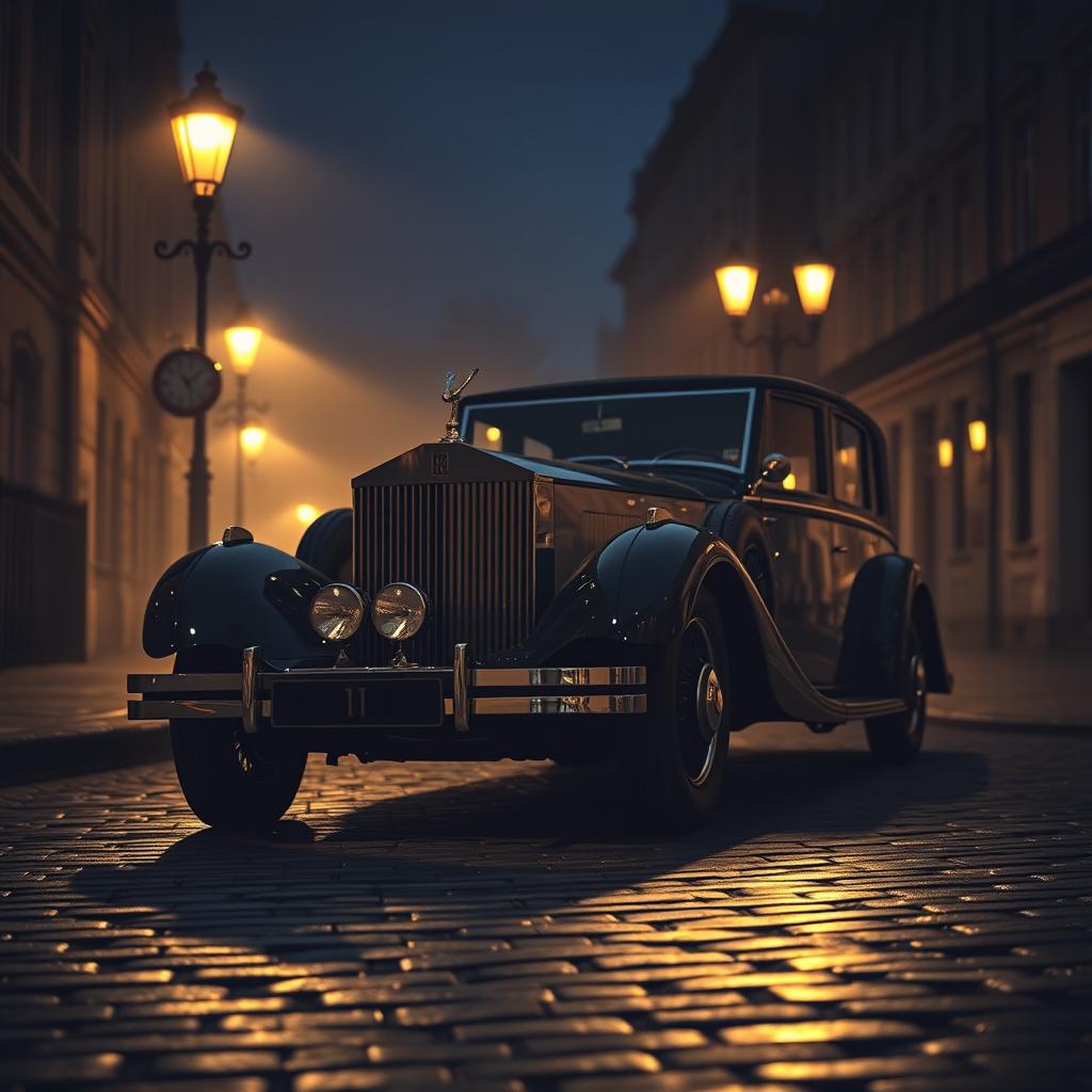 A beautifully restored 1930s Rolls-Royce Phantom parked on a cobblestone street in London at night