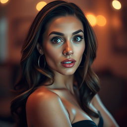 A gorgeous 40-year-old woman with a surprised expression, looking directly at the camera in a sensual pose