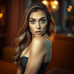 A gorgeous 40-year-old woman with a surprised expression, looking directly at the camera in a sensual pose