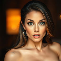 A gorgeous 40-year-old woman with a surprised expression, looking directly at the camera in a sensual pose