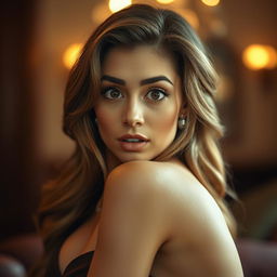 A gorgeous 40-year-old woman with a surprised expression, looking directly at the camera in a sensual pose