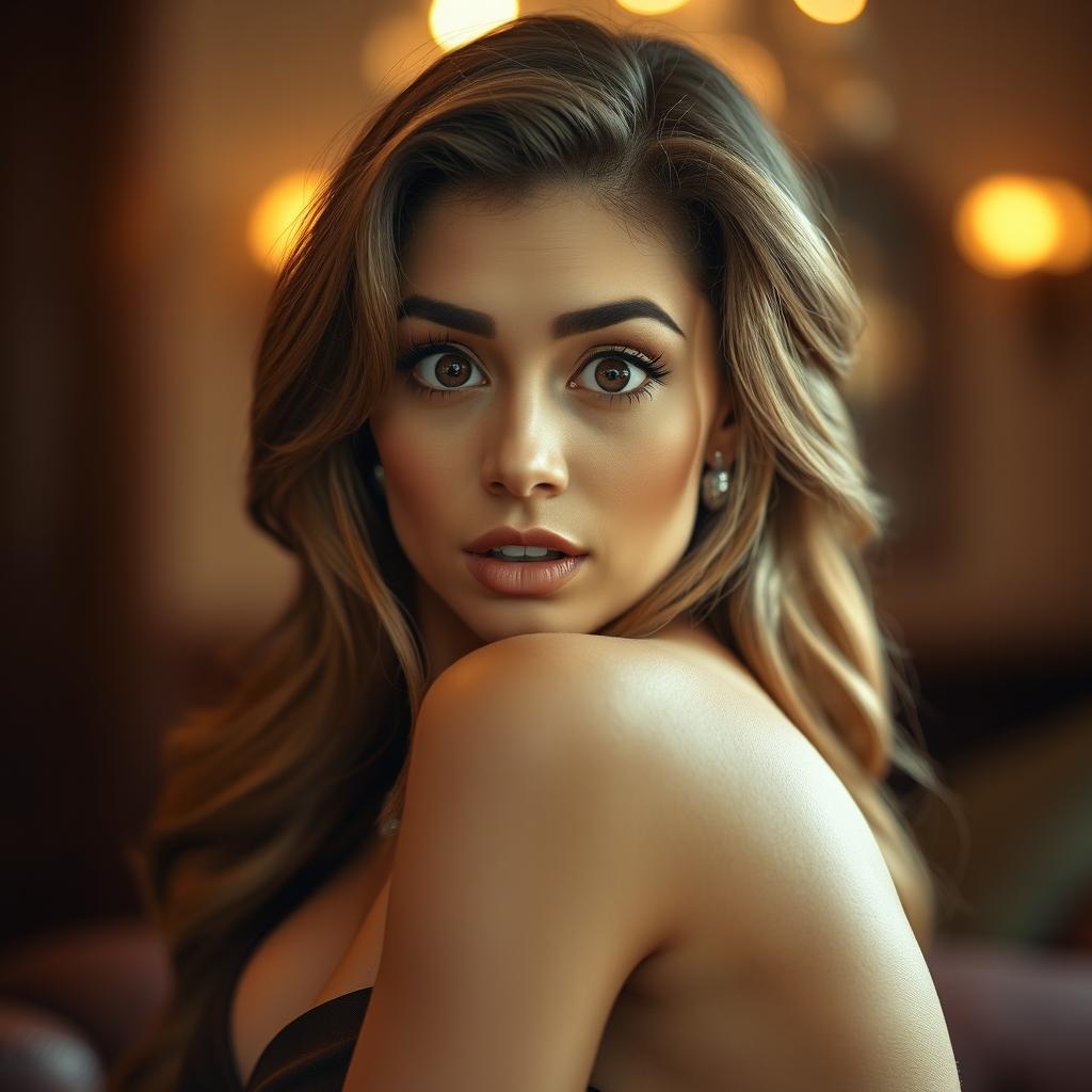 A gorgeous 40-year-old woman with a surprised expression, looking directly at the camera in a sensual pose