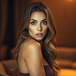 A stunning 40-year-old woman with a surprised expression, directly facing the camera in a sensual pose