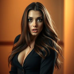 A stunning 40-year-old woman with a surprised expression, directly facing the camera in a sensual pose