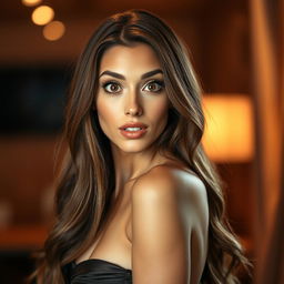 A stunning 40-year-old woman with a surprised expression, directly facing the camera in a sensual pose