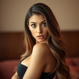 A stunning 40-year-old woman with a surprised expression, directly facing the camera in a sensual pose