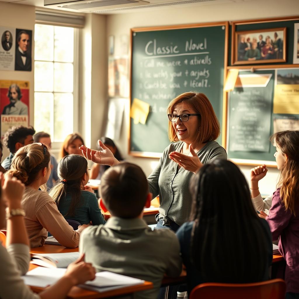 A vibrant classroom scene depicting an enthusiastic English teacher passionately engaging with a diverse group of students