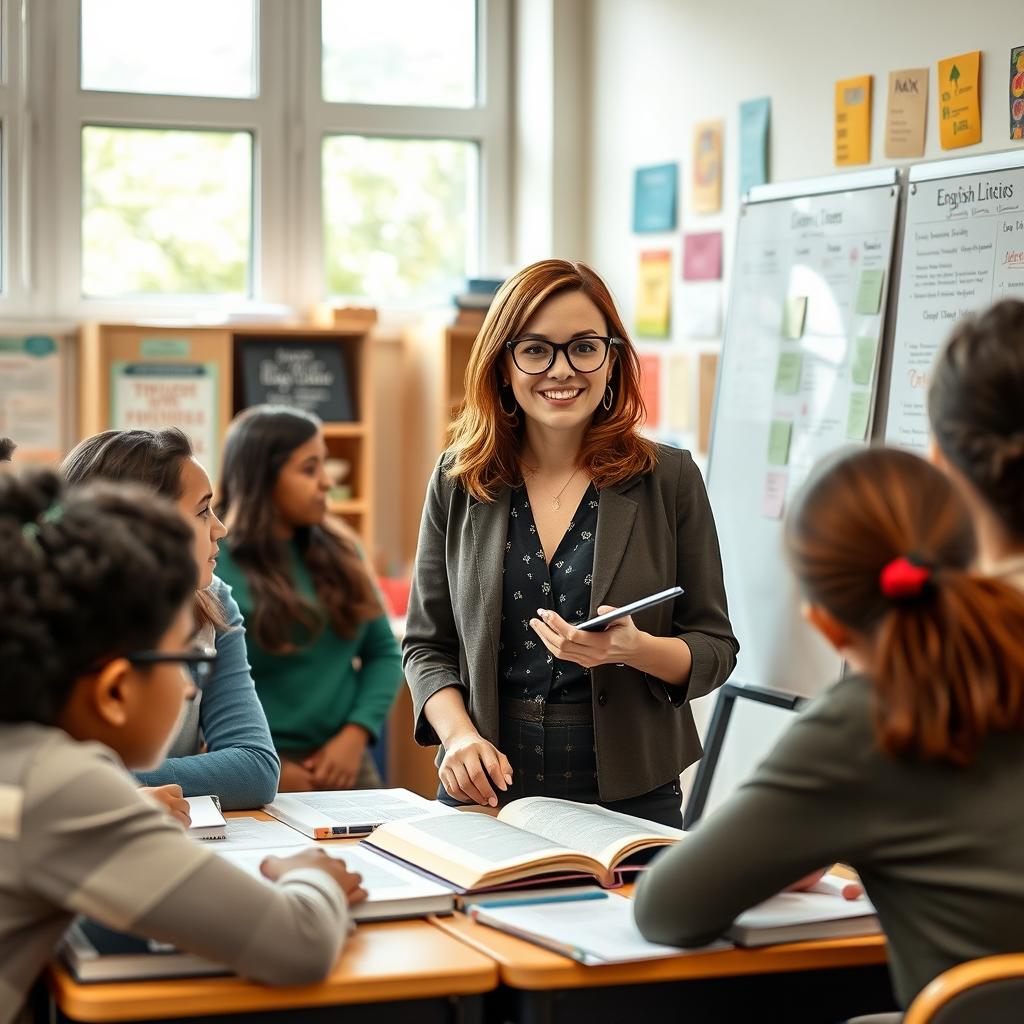 A dedicated English woman teacher in a vibrant classroom setting, engaging with her students while teaching English literature