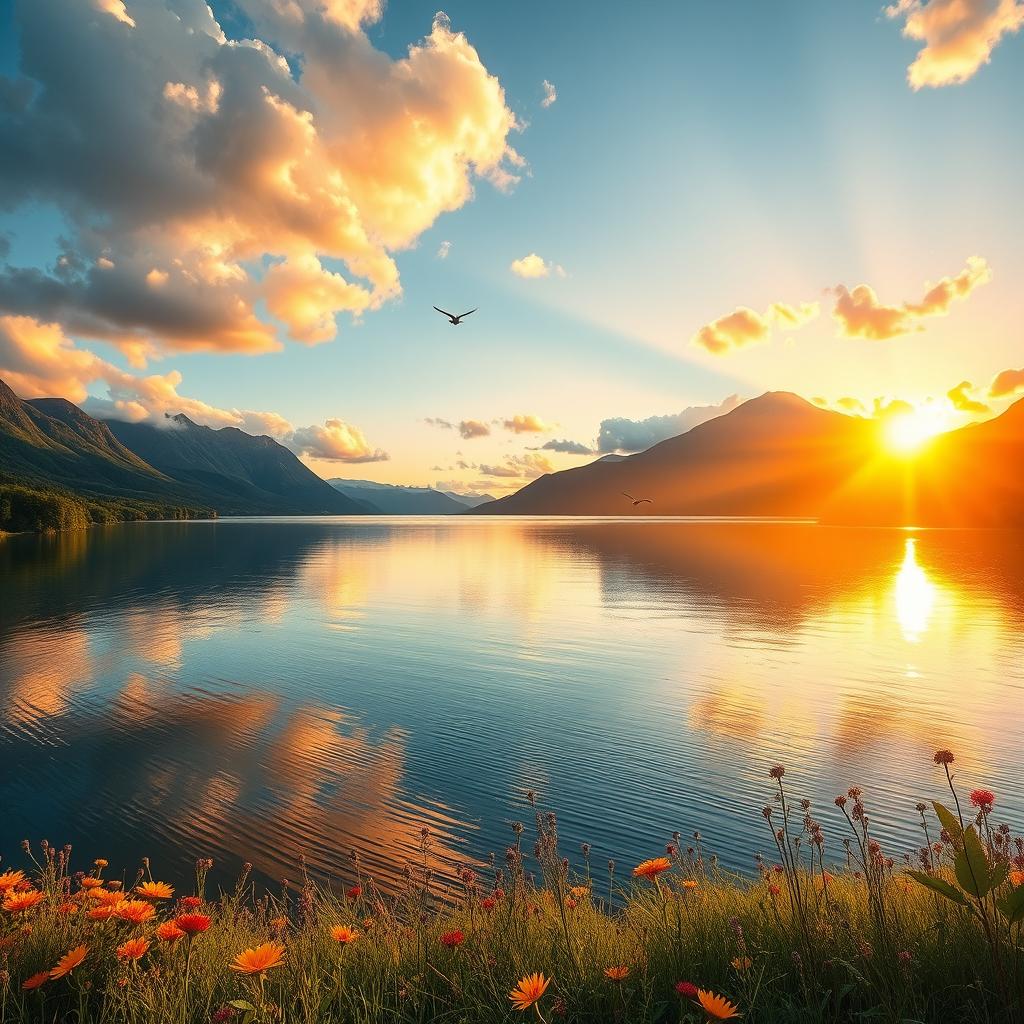 An enhanced landscape photo of a serene lake surrounded by lush greenery and majestic mountains in the background