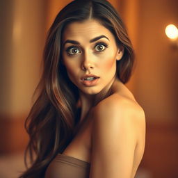 A beautiful 40-year-old woman with a surprised expression, facing the camera in a sensual pose