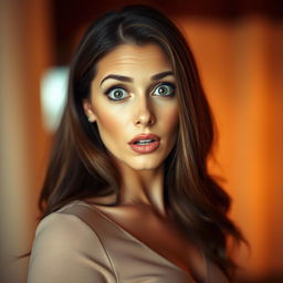 A beautiful 40-year-old woman with a surprised expression, facing the camera in a sensual pose