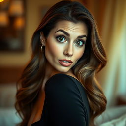A beautiful 40-year-old woman with a surprised expression, facing the camera in a sensual pose