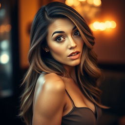 A beautiful 40-year-old woman with a surprised expression, facing the camera in a sensual pose