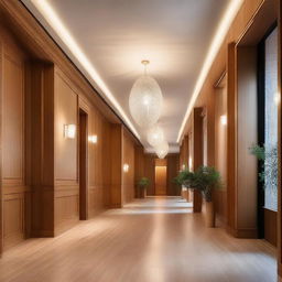 An inviting entrance hall of a building, warmed by soft, radiant lights. Delicate details such as polished wooden surfaces and tasteful decor enhance a welcoming atmosphere