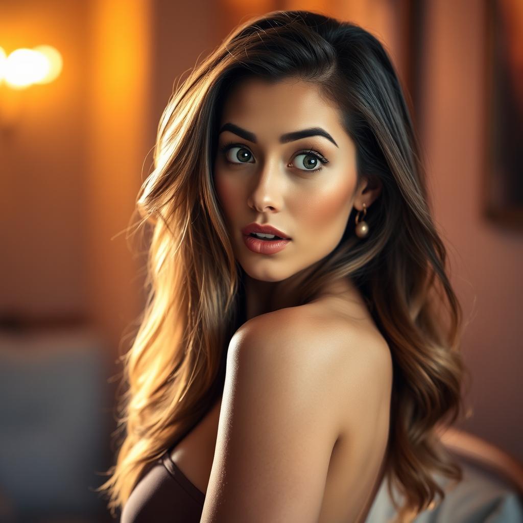 A beautiful 40-year-old woman with a surprised expression, facing the camera in a sensual pose