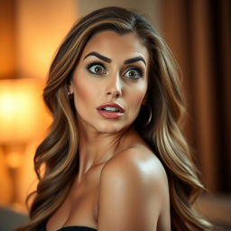 A beautiful 40-year-old woman with a surprised expression, facing the camera in a sensual pose