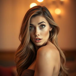 A beautiful 40-year-old woman with a surprised expression, facing the camera in a sensual pose