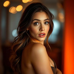 A beautiful 40-year-old woman with a surprised expression, facing the camera in a sensual pose