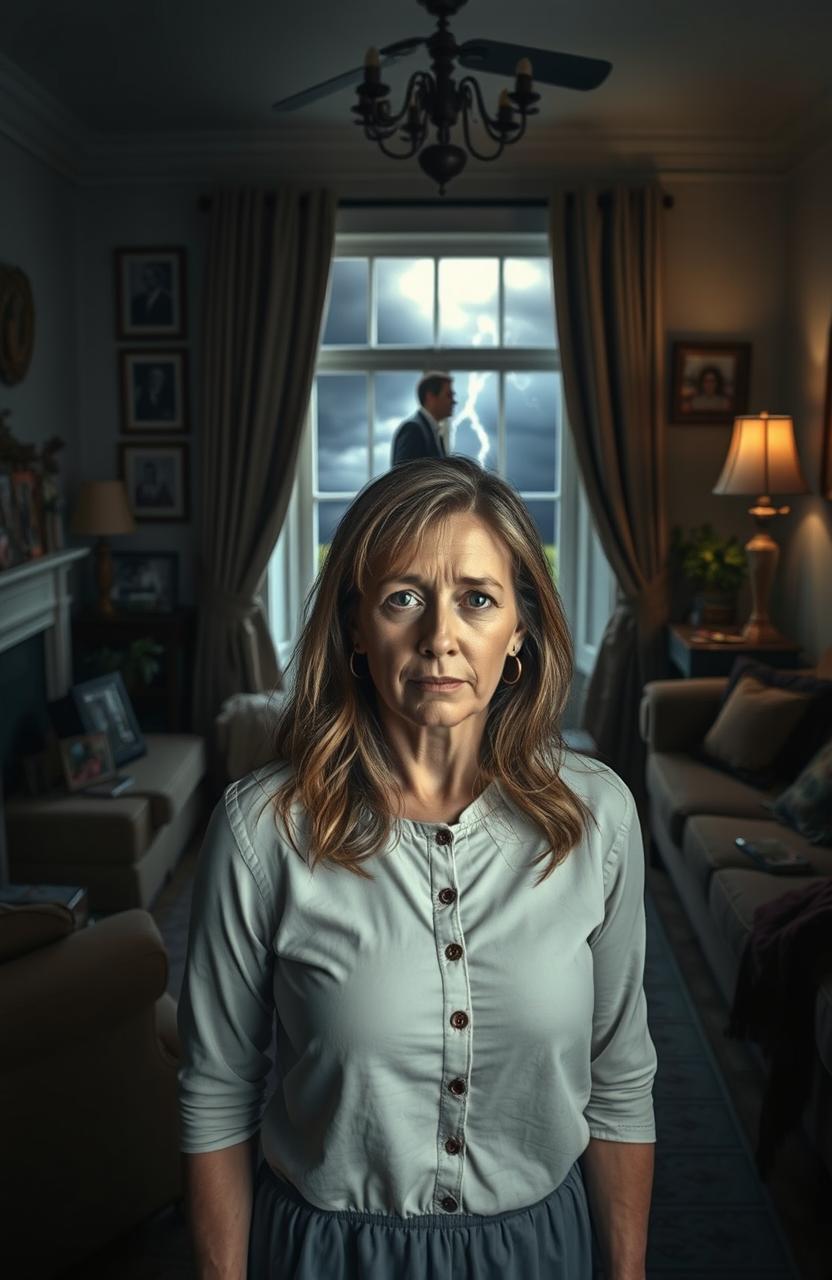 A poignant and dramatic scene depicting a woman named Emma, who appears heartbroken and distressed, standing in a beautifully decorated living room that represents her once perfect life as a devoted wife and mother