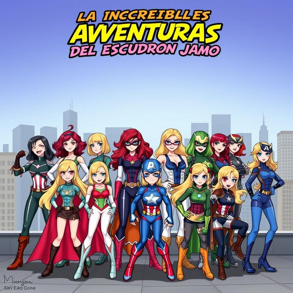 Eleven girls, each styled as members of the Avengers, showcasing their unique superhero costumes, but none having blonde hair