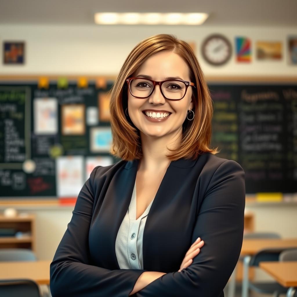 A portrait of a confident English woman teacher standing in a bright and inviting classroom