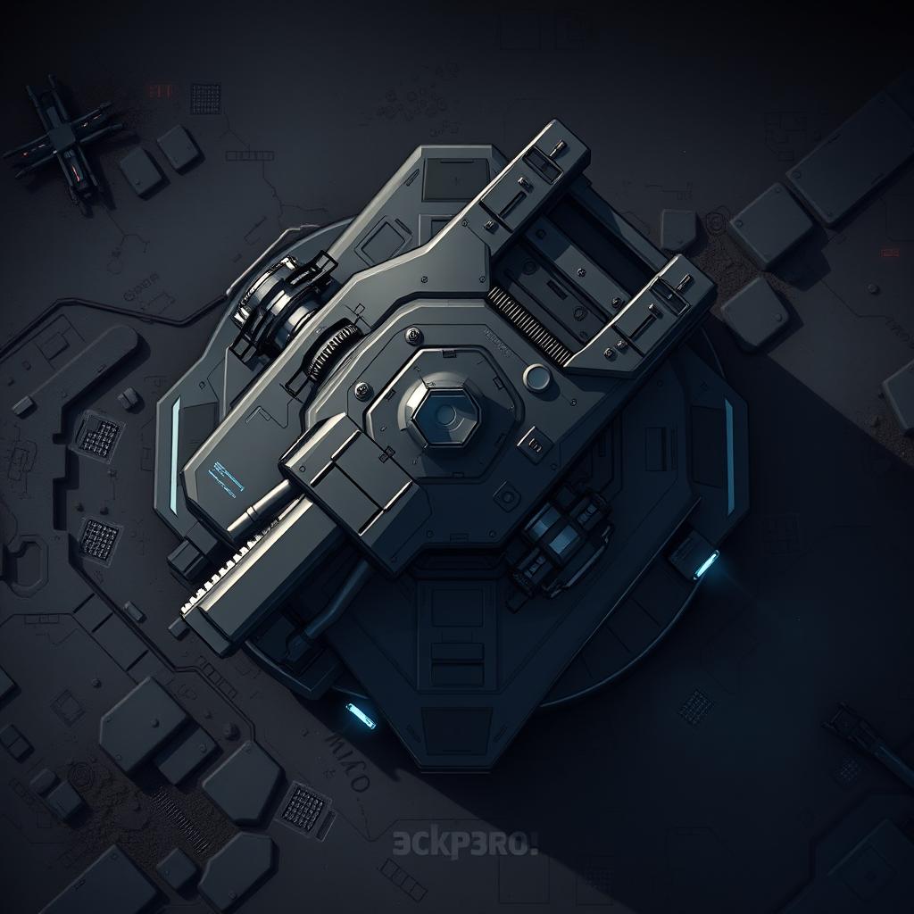 A detailed illustration of a top-down view of a turret, featuring a sleek, modern design with intricate mechanical components and a matte black finish