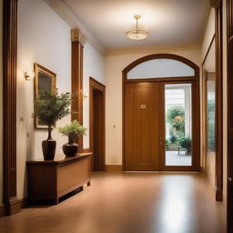 An inviting entrance hall of a building, warmed by soft, radiant lights. Delicate details such as polished wooden surfaces and tasteful decor enhance a welcoming atmosphere