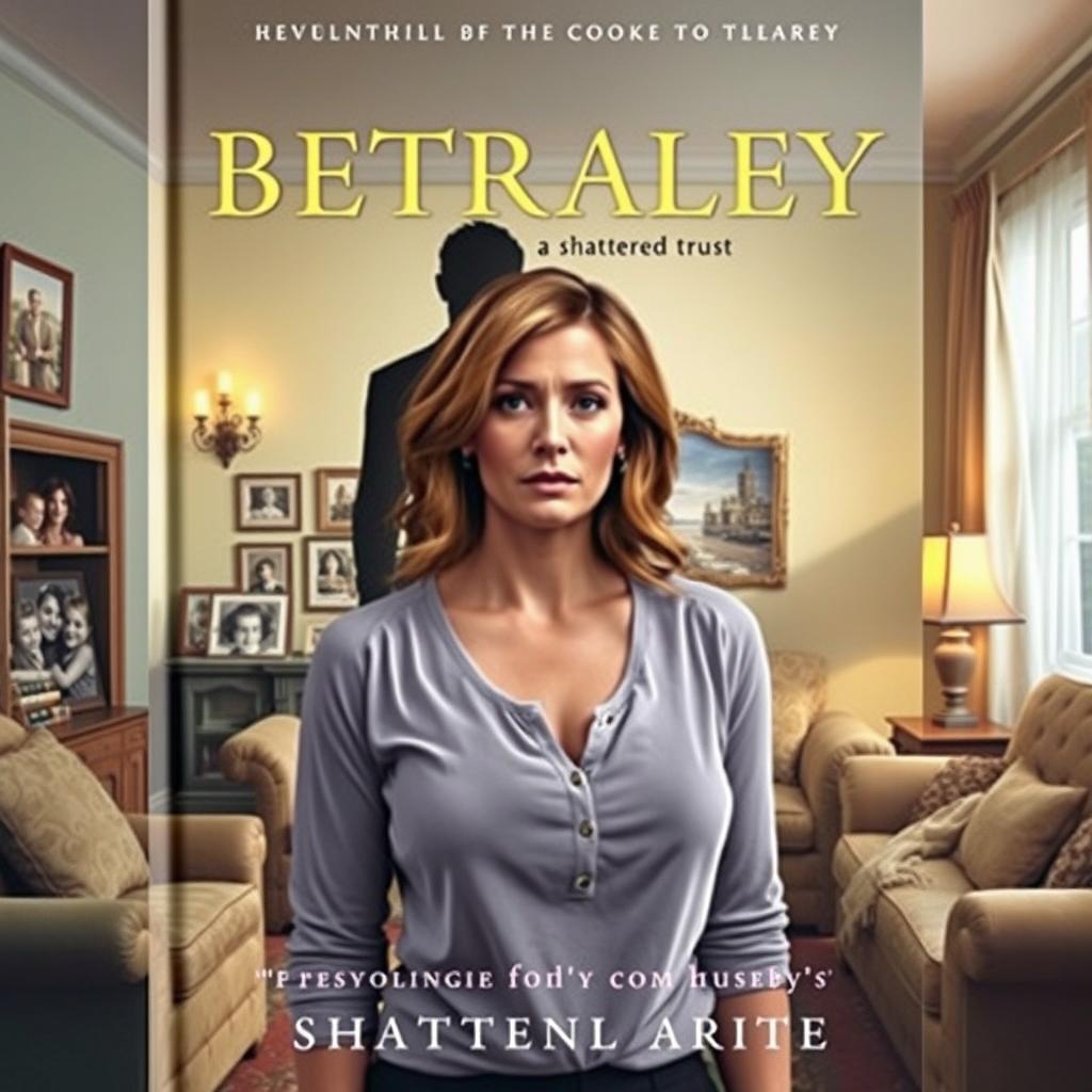 A captivating book cover illustrating the theme of betrayal and shattered trust, featuring Emma, a woman in her mid-30s with an expression of pain and realization, standing in a beautifully decorated, yet slightly disheveled living room that represents her once perfect life as a devoted wife and mother