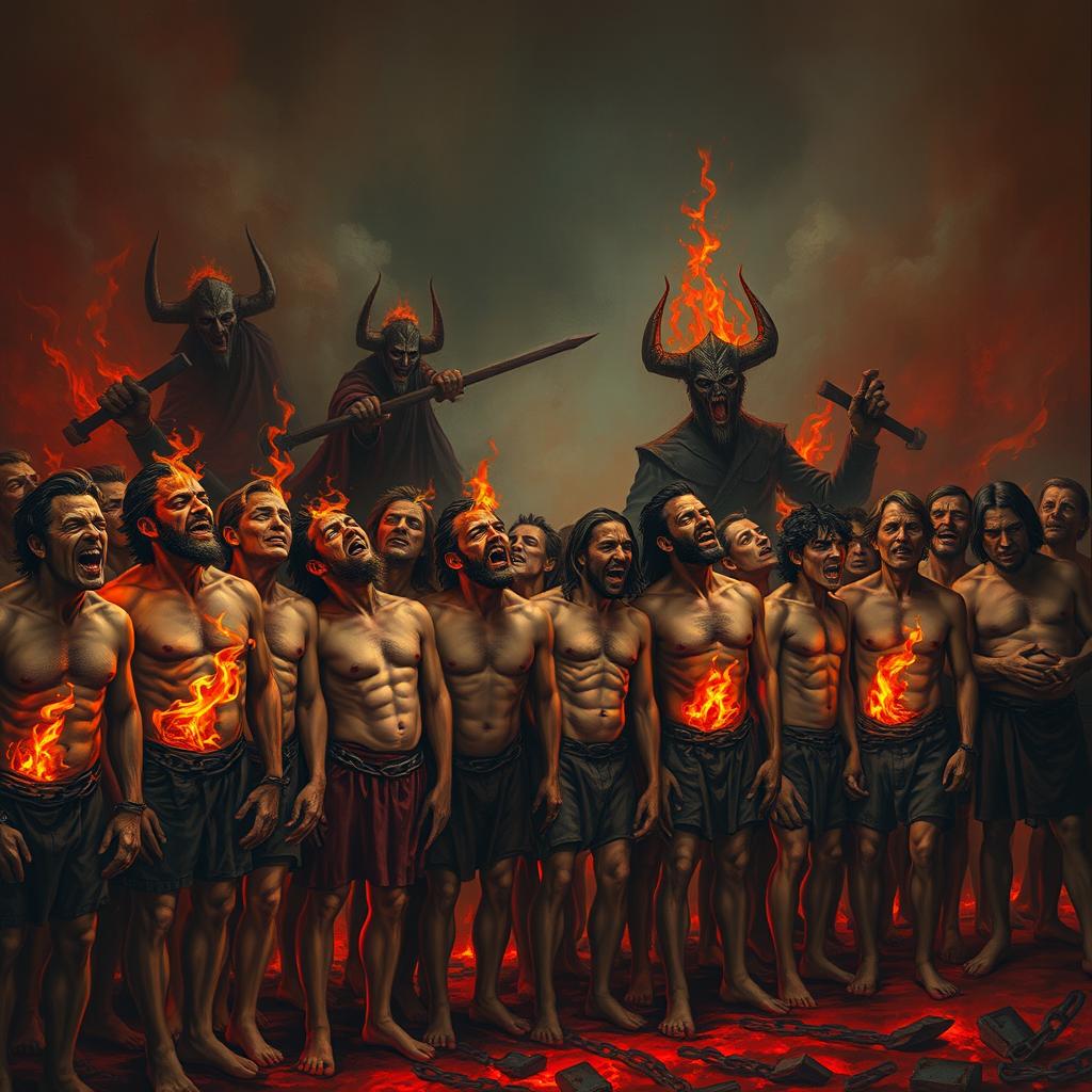 A vivid depiction of a line of people in Hell, bound together with chains around their legs