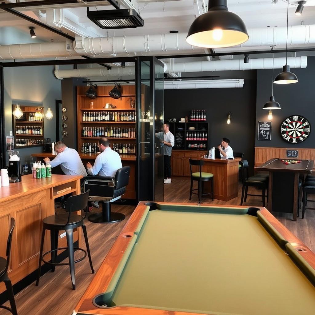 A modern barbershop featuring a designated beer and game area that is stylishly separated from the haircutting zone