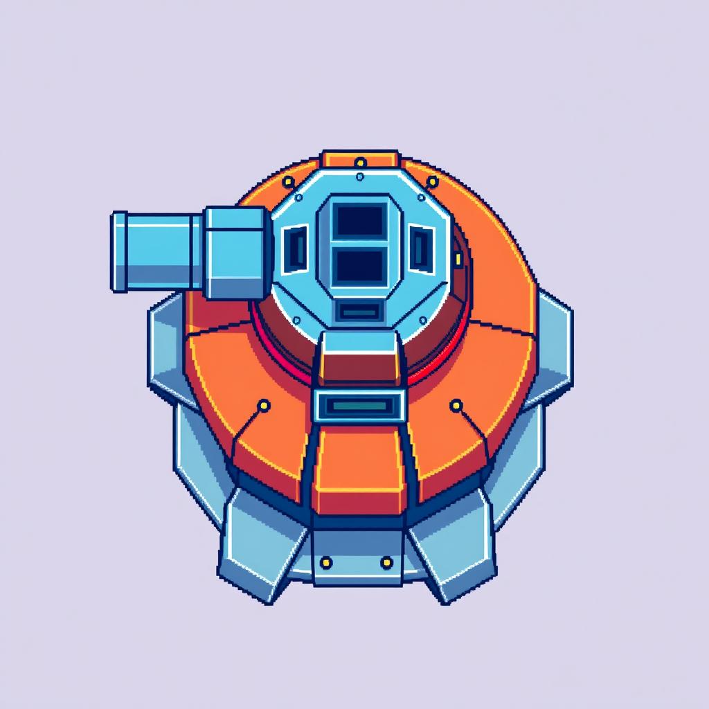 A vibrant pixel art illustration of a top-down view of a turret, featuring a retro 8-bit design
