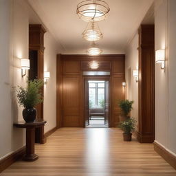 An inviting entrance hall of a building, warmed by soft, radiant lights. Delicate details such as polished wooden surfaces and tasteful decor enhance a welcoming atmosphere