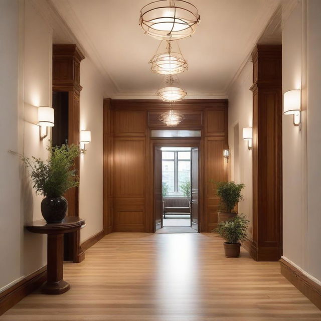 An inviting entrance hall of a building, warmed by soft, radiant lights. Delicate details such as polished wooden surfaces and tasteful decor enhance a welcoming atmosphere